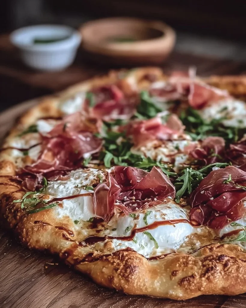 Delicious Prosciutto Burrata Pizza with honey drizzled on top