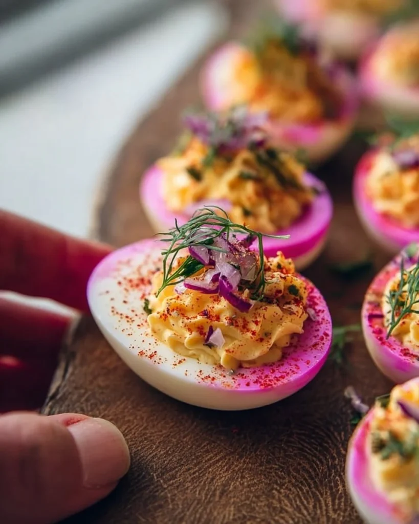Perfectly pink deviled eggs decorated for a vibrant appetizer.