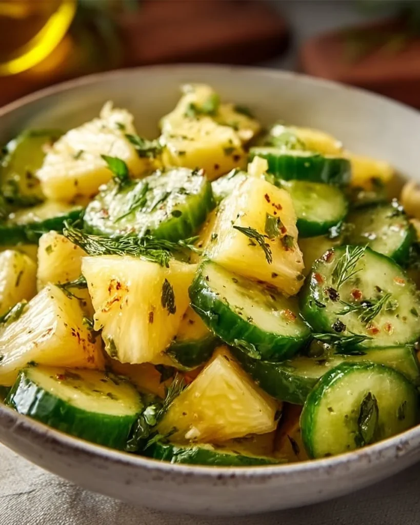 Delicious and vibrant pineapple cucumber salad in a bowl.