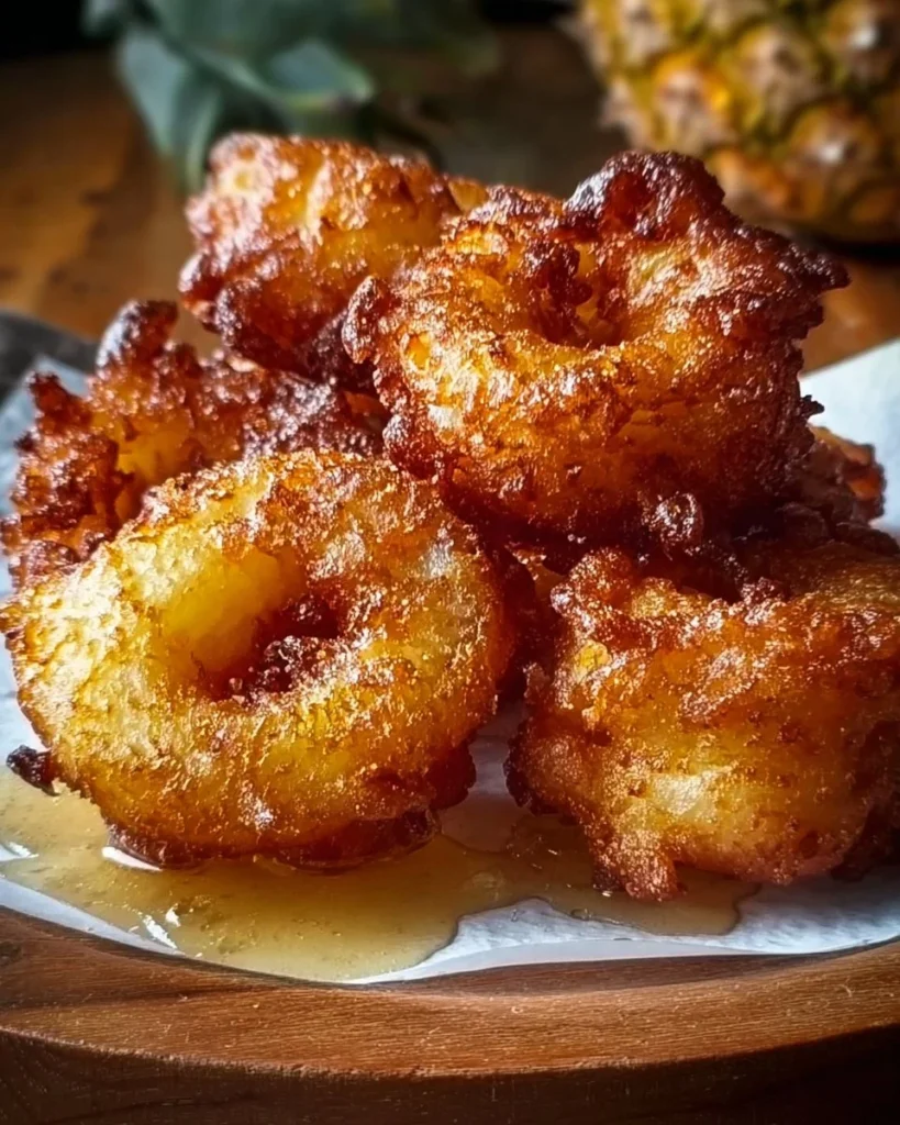 Golden brown pineapple fritters served on a plate, garnished with mint.