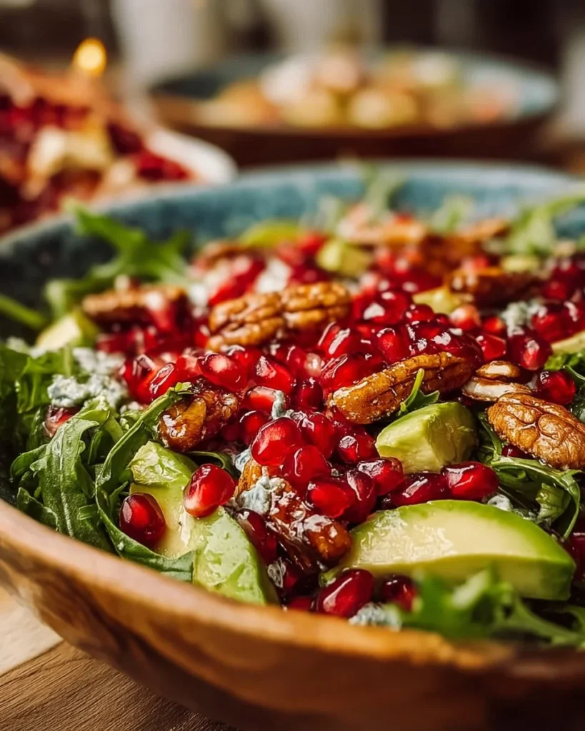 Pomegranate Christmas Salad topped with arugula and nuts for a festive touch