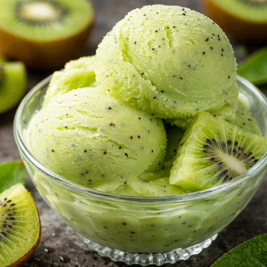 Delicious Kiwi Sorbet served in a bowl with fresh kiwi slices.