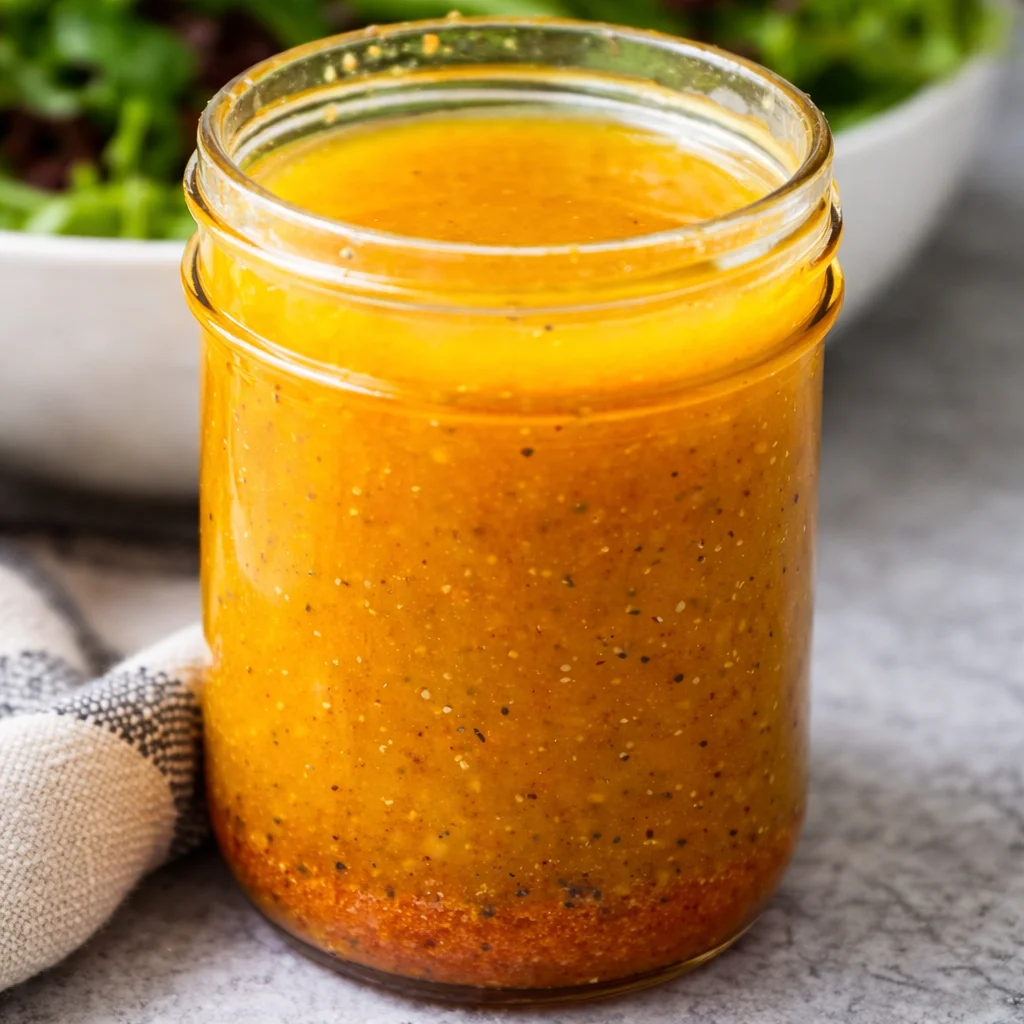 Easy Salad Vinaigrette in a glass jar with fresh herbs and ingredients around.