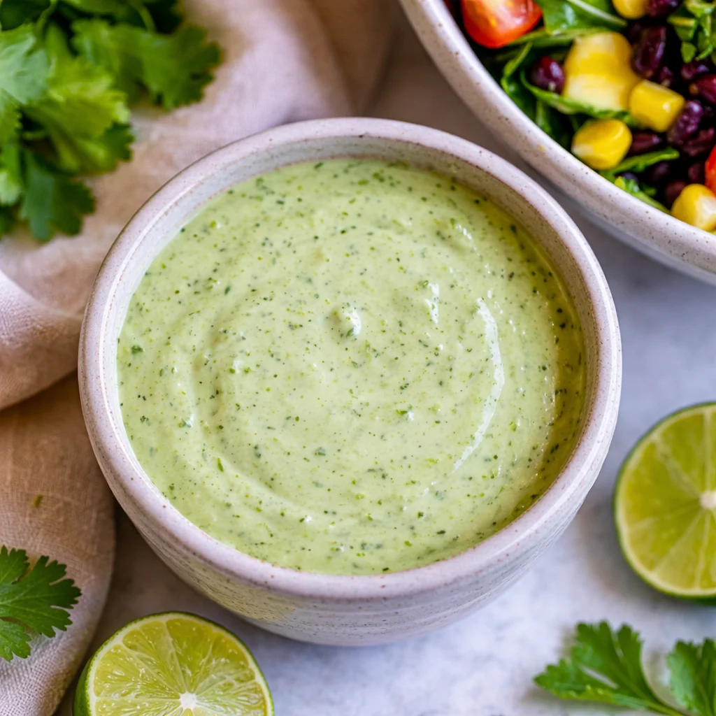 Cilantro Lime Greek Yogurt Dressing drizzled over a fresh salad