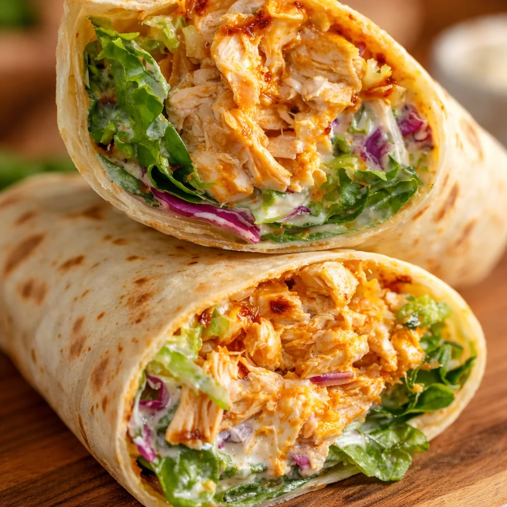 Spicy Buffalo Chicken Wraps with ranch dressing and fresh veggies in a tortilla.