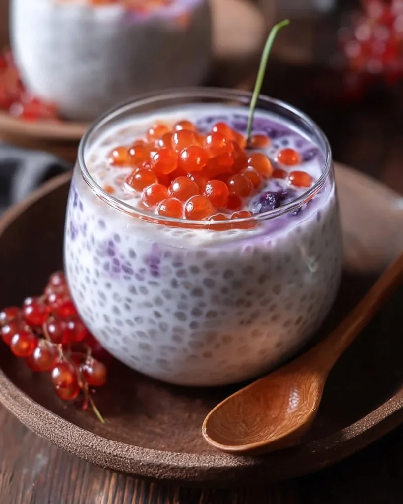 A refreshing summer tapioca dessert garnished with fruits