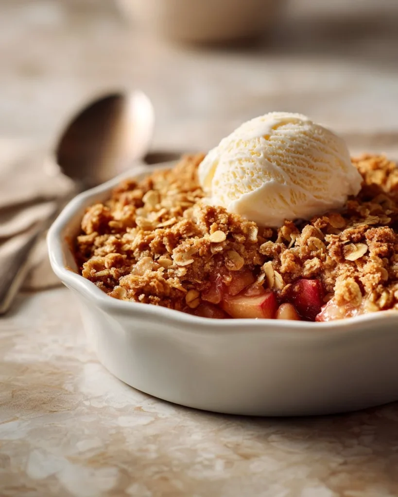 Deliciously baked rhubarb crisp topped with a golden crumble.