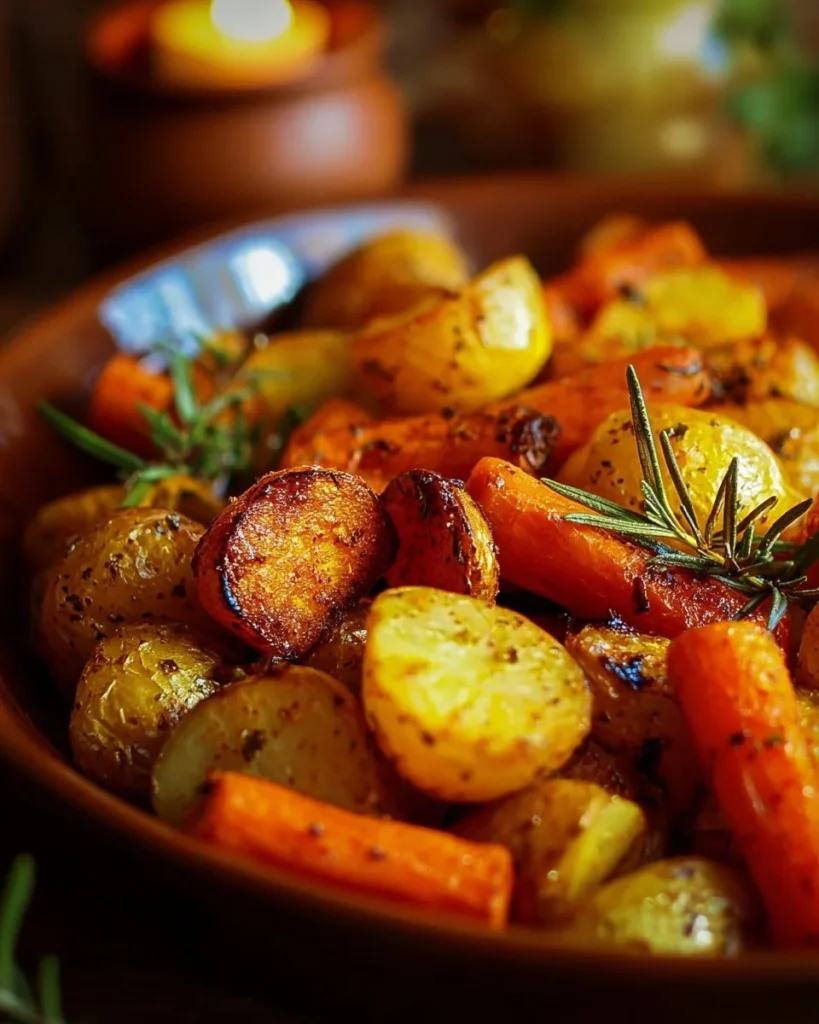 Plate of roasted potatoes and carrots, seasoned to perfection.