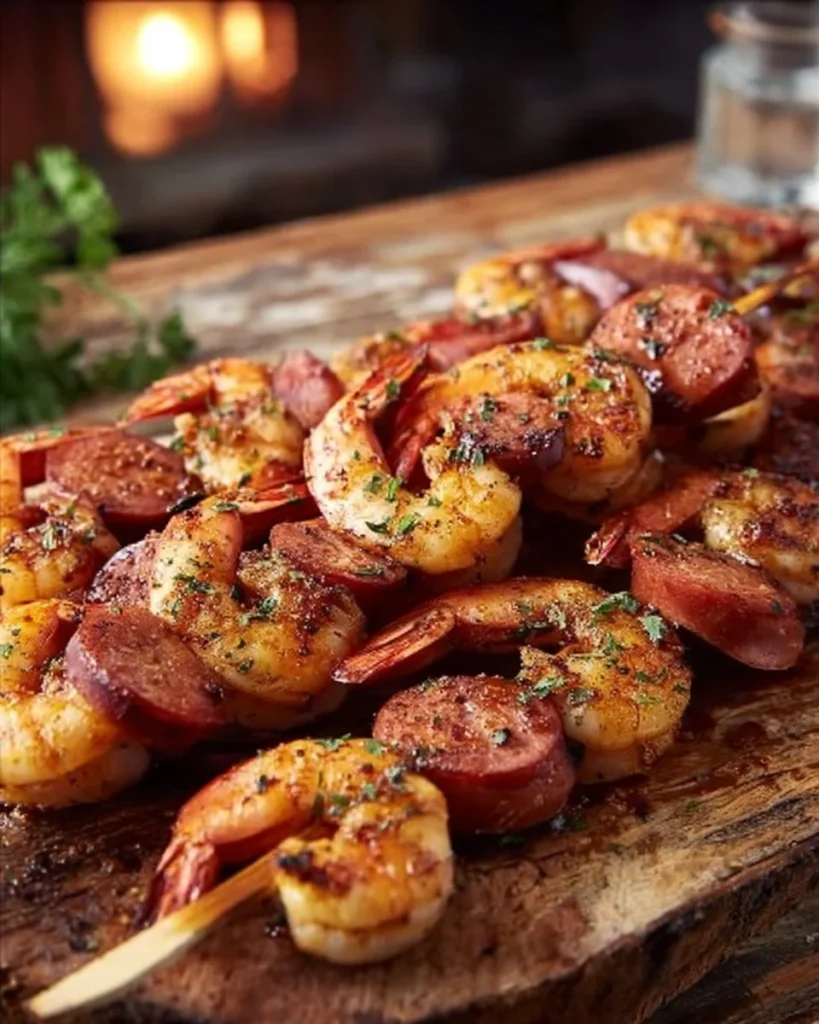 Sausage and shrimp kabobs ready for grilling