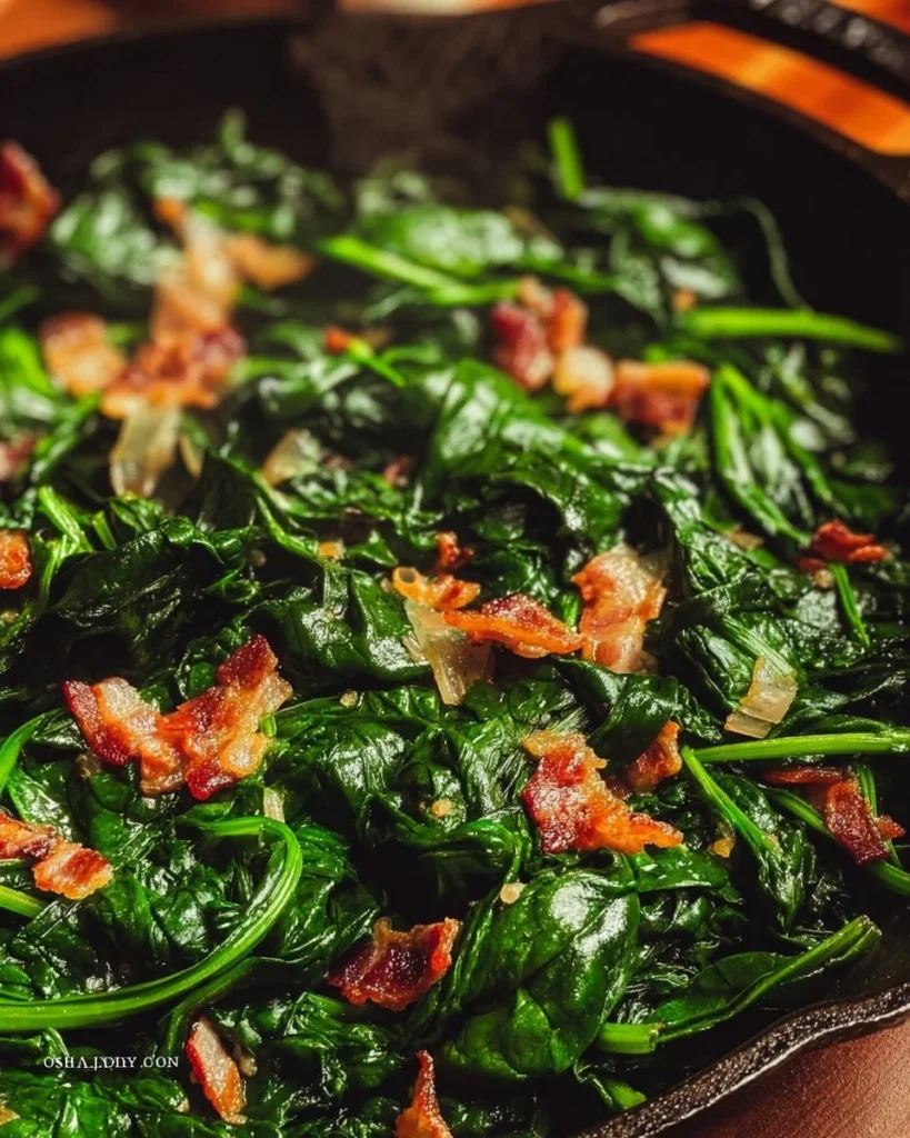 Sautéed spinach with crispy bacon served in a bowl