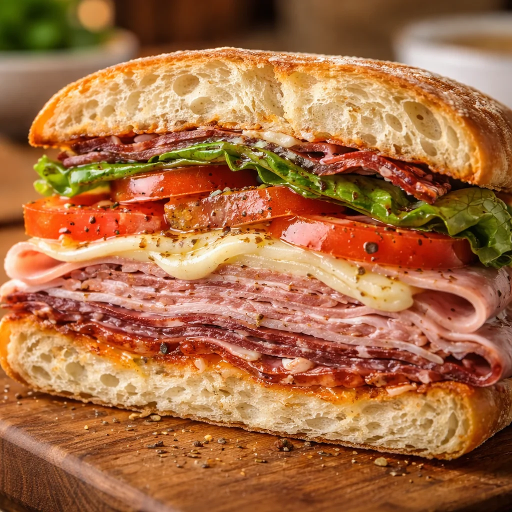 A delicious Italian sub sandwich stacked with cured meats and cheese.