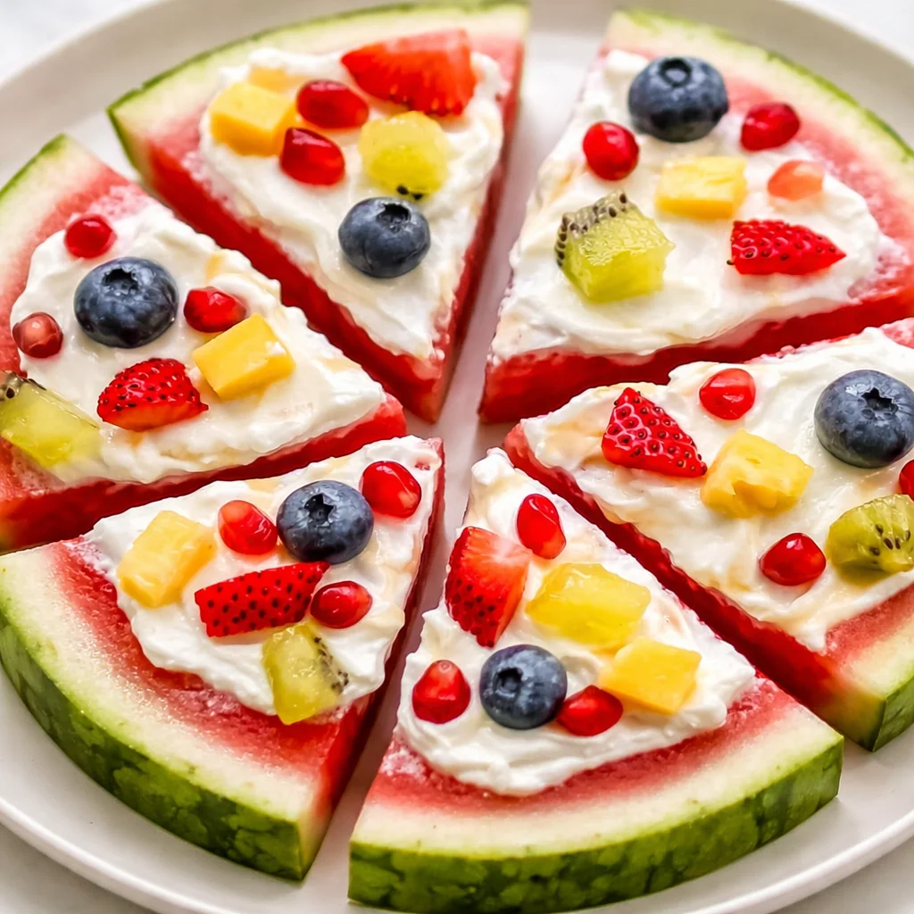 Refreshing Healthy Watermelon Fruit Pizza with yogurt and fresh berries.