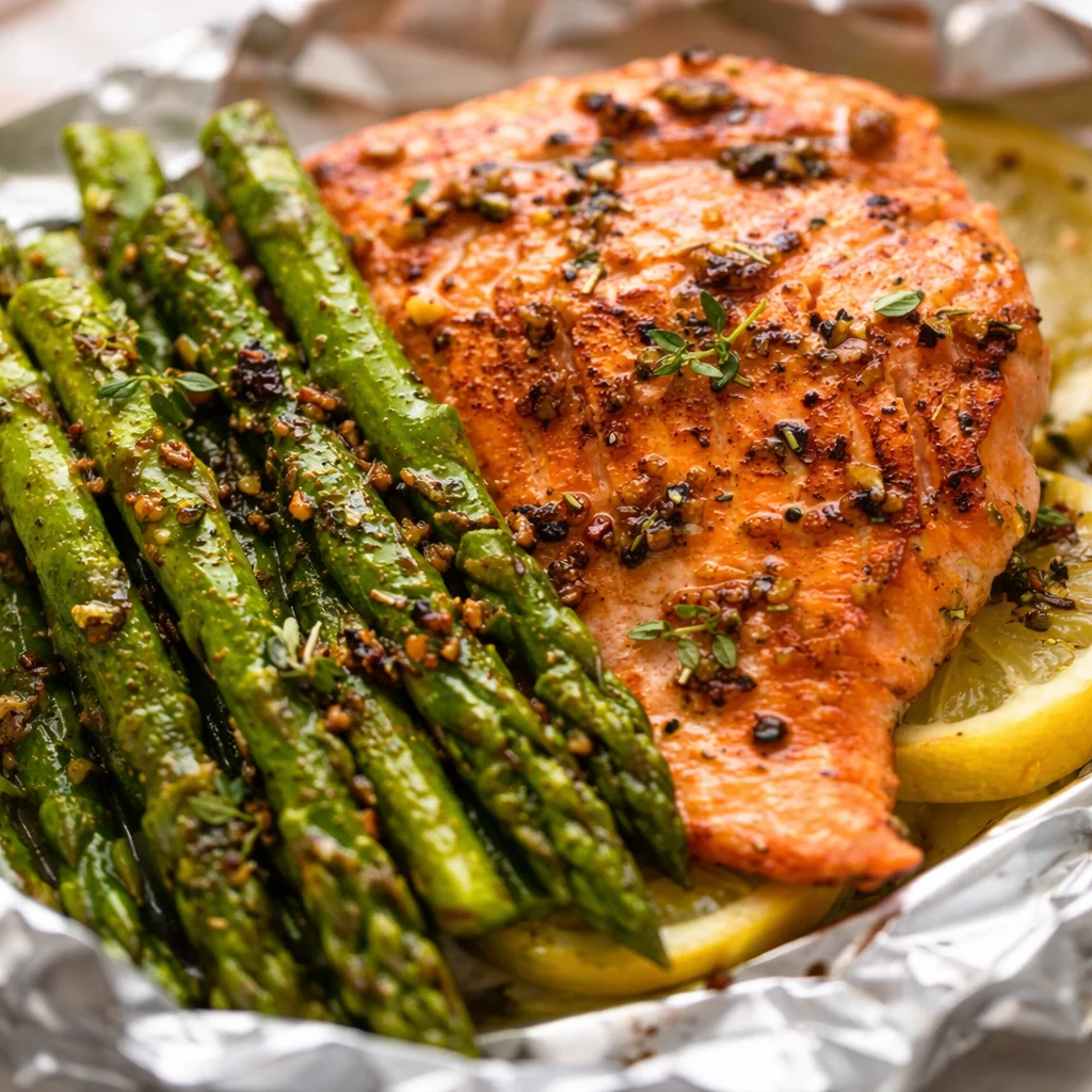 Baked Salmon in Foil Packs with Asparagus served with lemon and garlic butter.