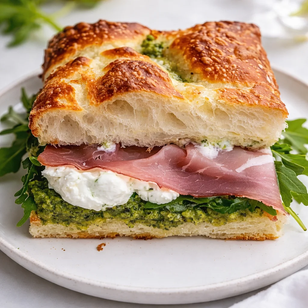 Burrata Italian Focaccia Sandwich with prosciutto, pesto, and fresh greens.