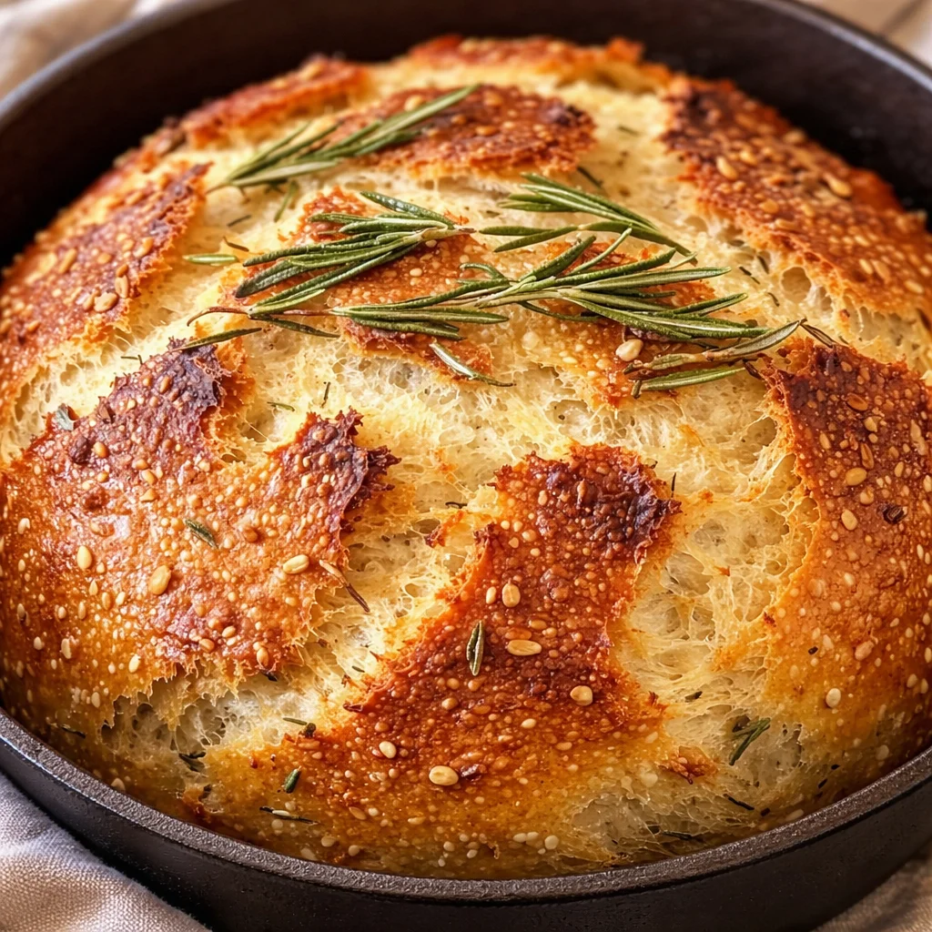 Homemade Dutch Oven Garlic Rosemary Bread with crusty exterior and soft inside.