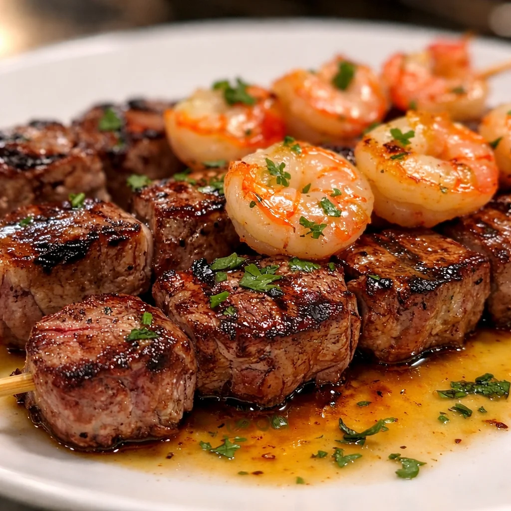 Delicious Grilled Steak and Shrimp Skewers drizzled with Garlic Butter Sauce.