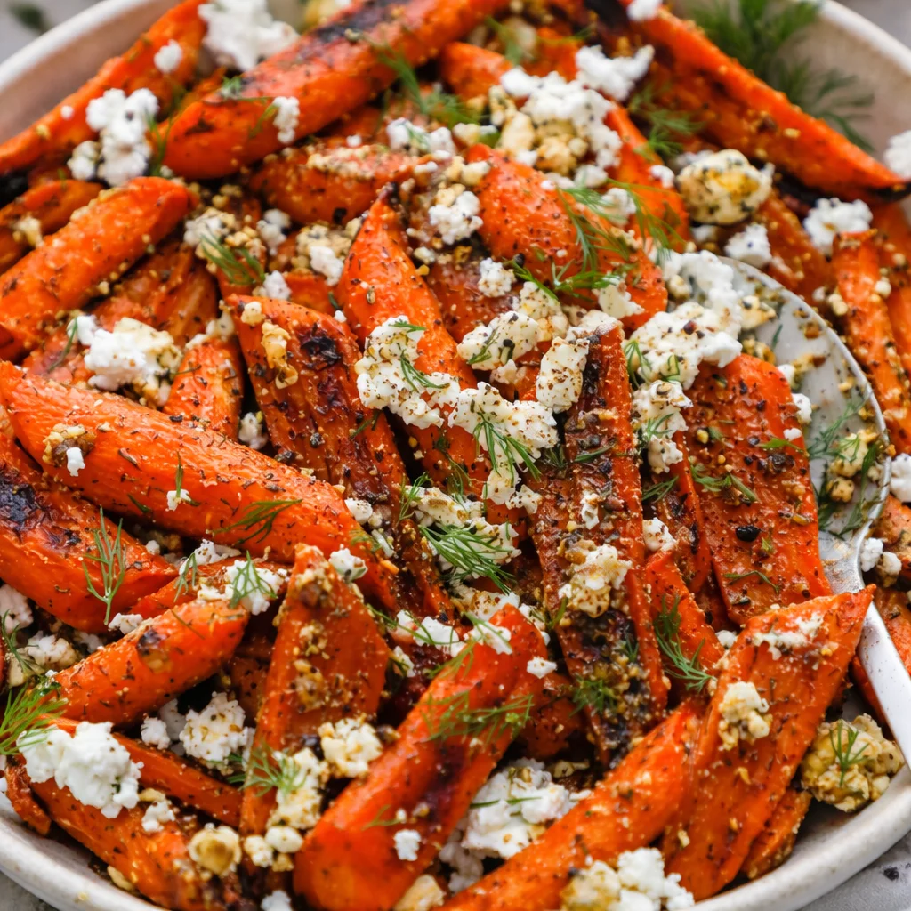 Honey roasted carrots topped with feta cheese and fresh dill for a flavorful side dish.