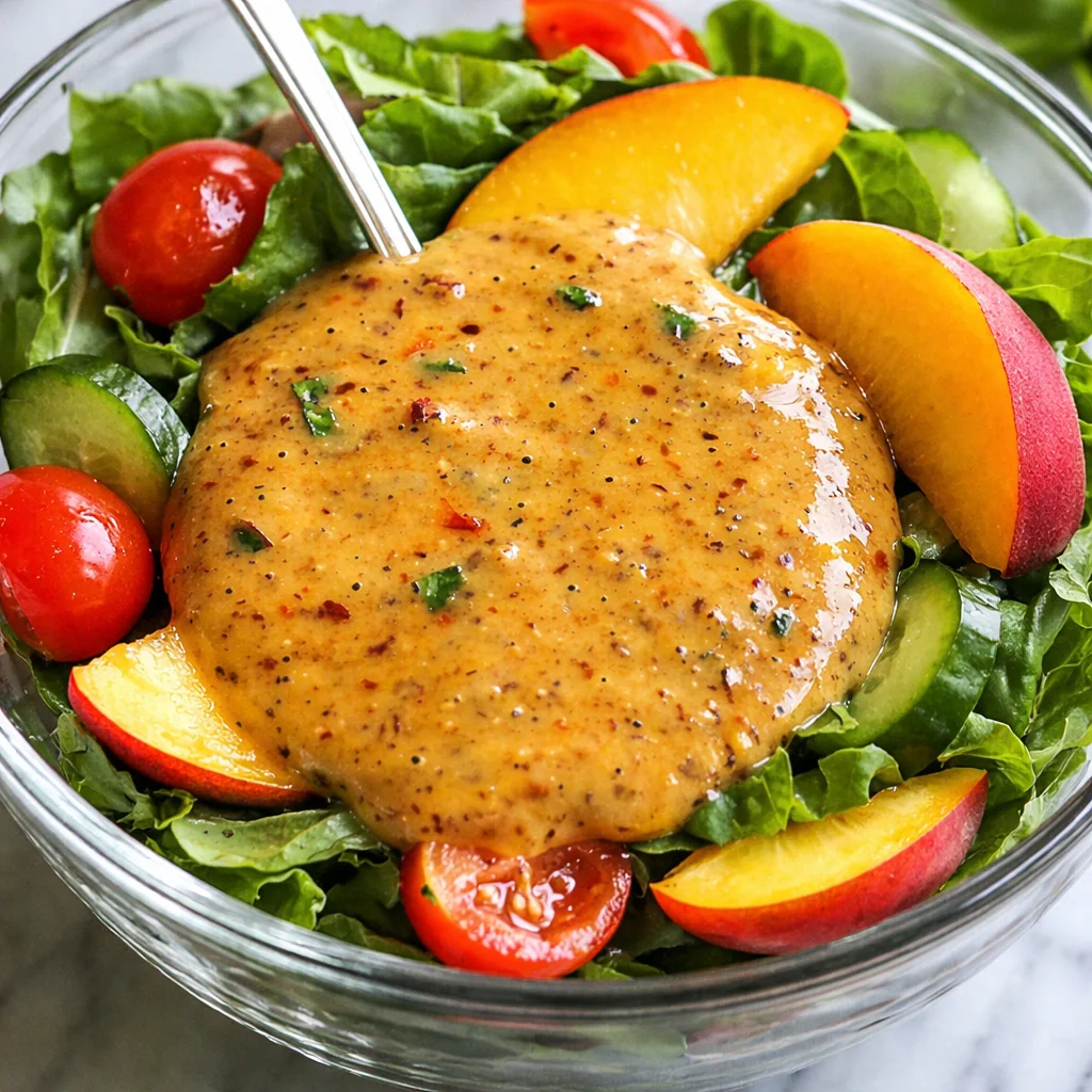 Fresh salad drizzled with Peach Honey Dijon Balsamic Vinaigrette and goat cheese.