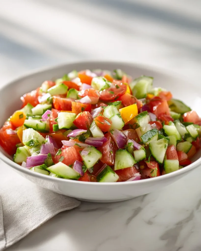 Delicious Shirazi Salad featuring fresh vegetables and herbs.