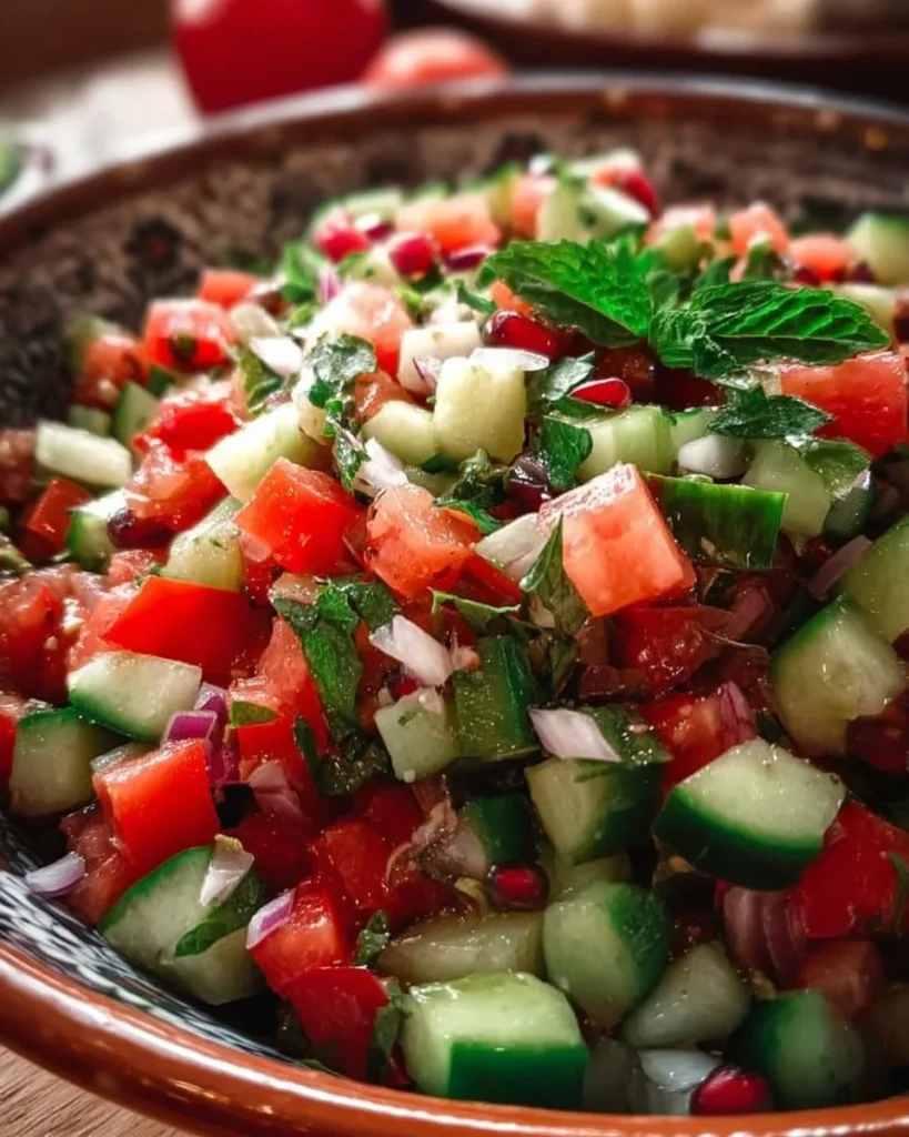 A bowl of colorful Shirazi Salad with cucumbers, tomatoes, and herbs
