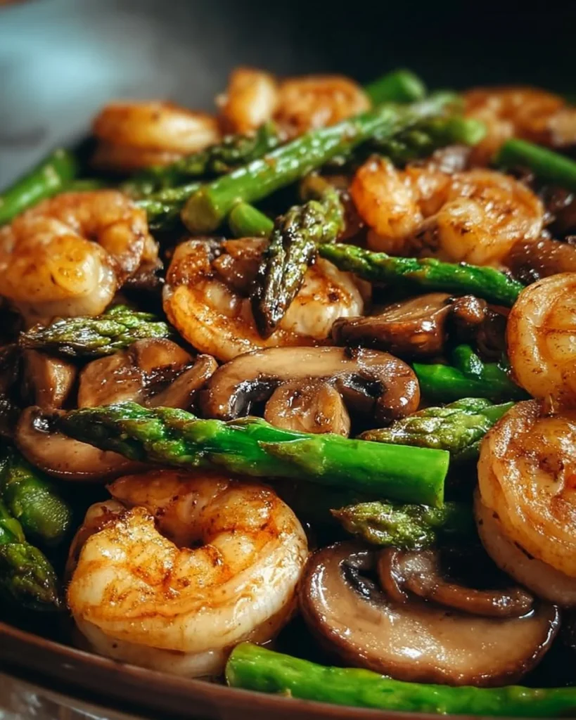 Shrimp stir-fry with asparagus and mushrooms served in a bowl.
