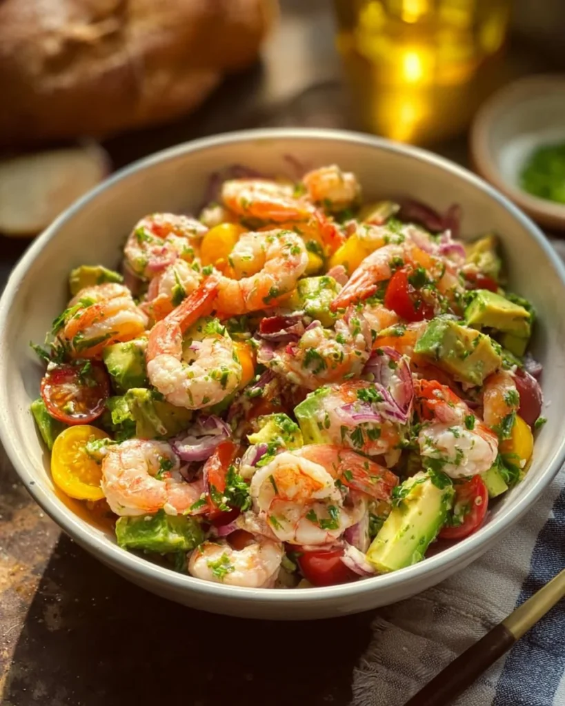 Fresh shrimp salad with colorful vegetables and dressing on a plate