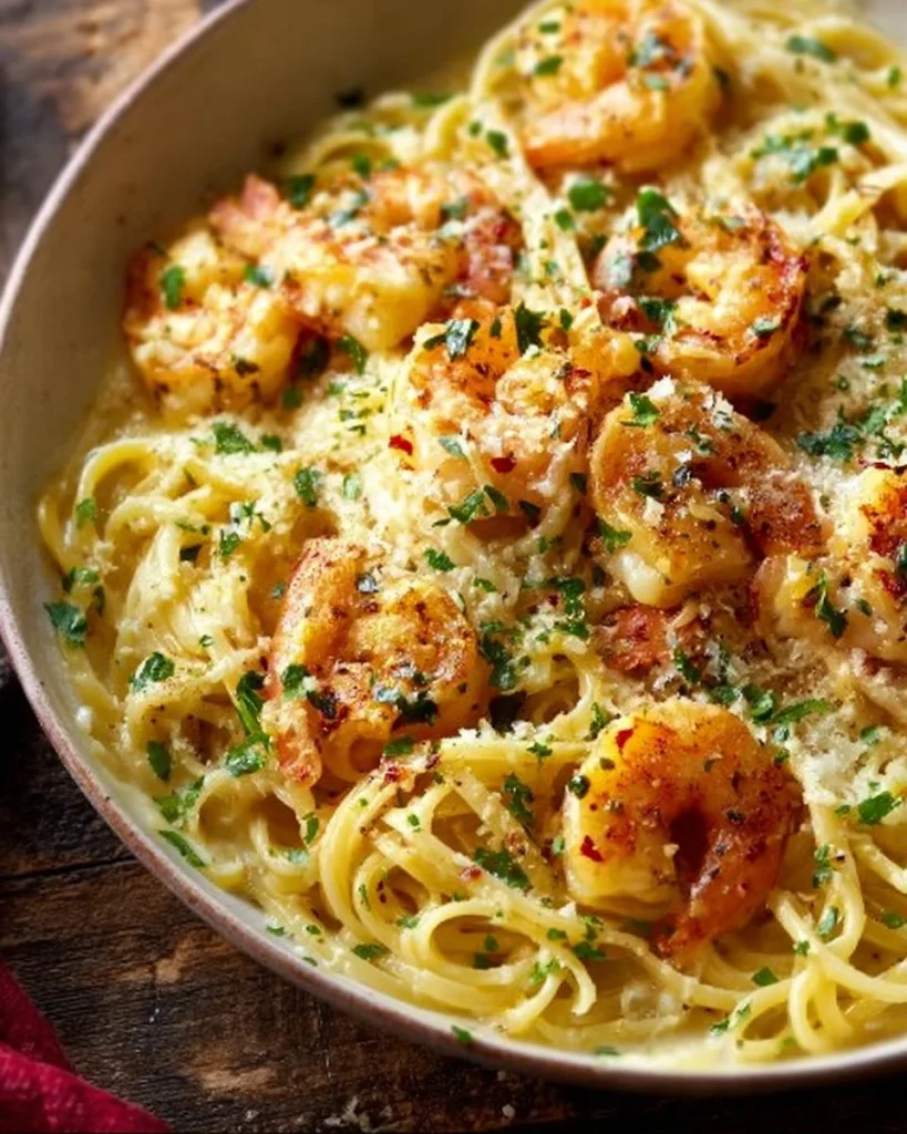 Shrimp scampi garlic cream pasta dish with fresh herbs and parmesan cheese