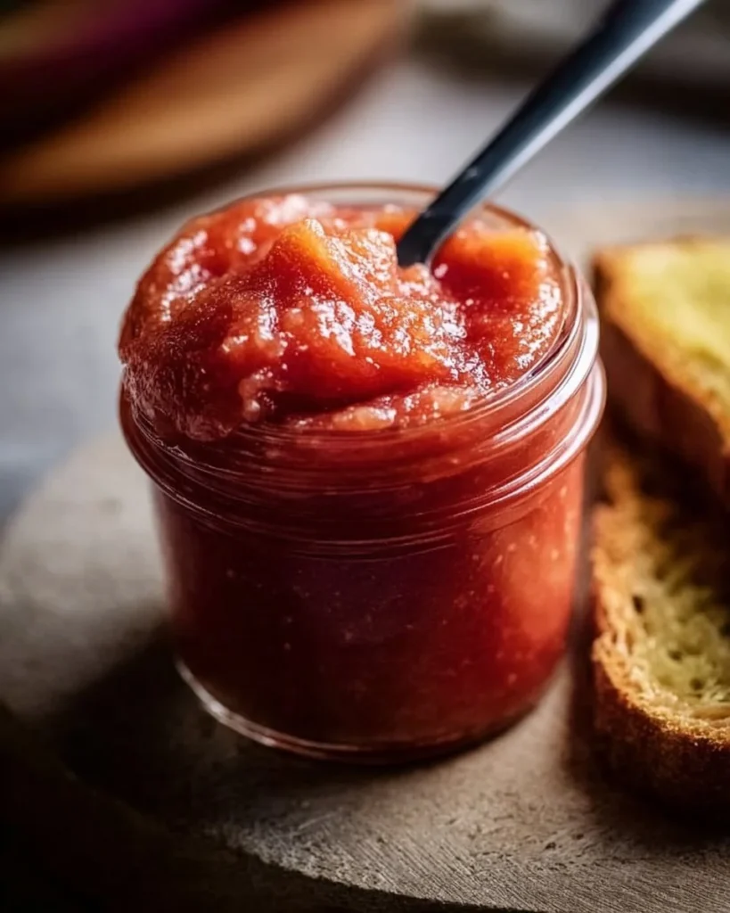 Homemade simple rhubarb butter spread on toast