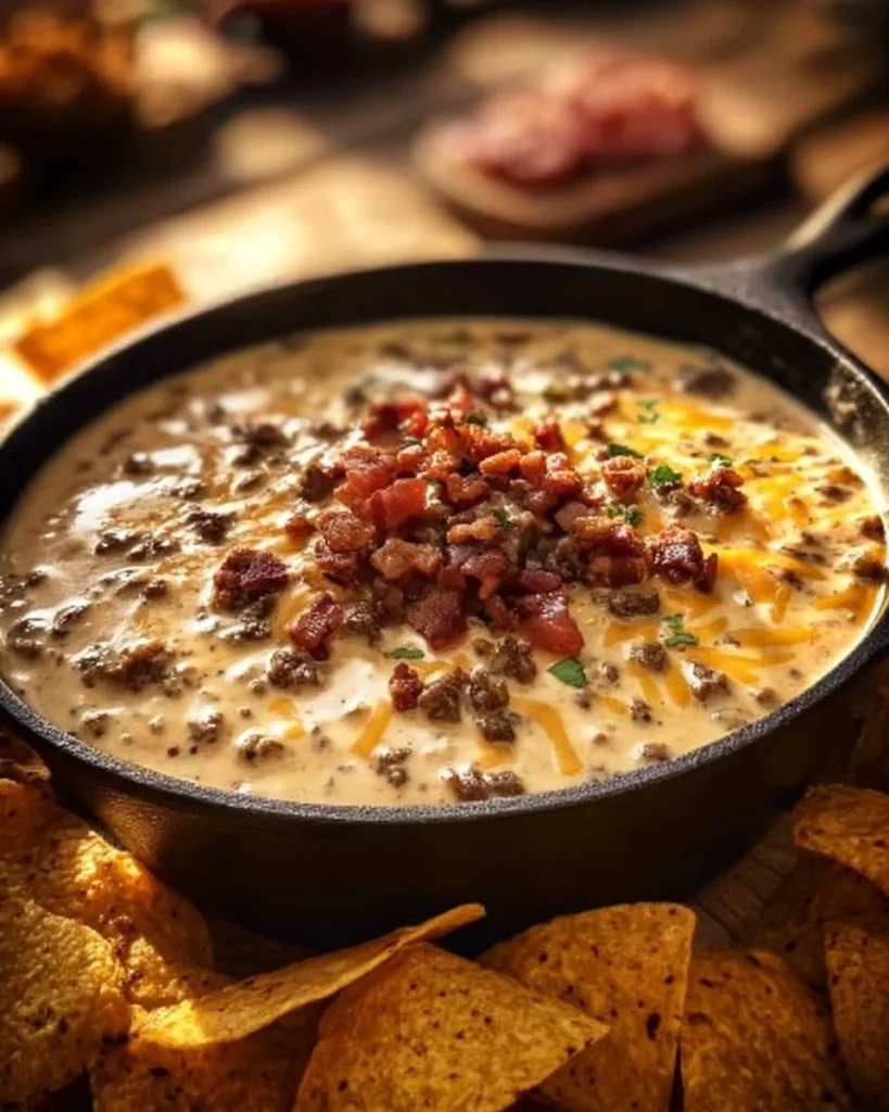 Sizzling Bacon Cheeseburger Queso Dip served in a bowl