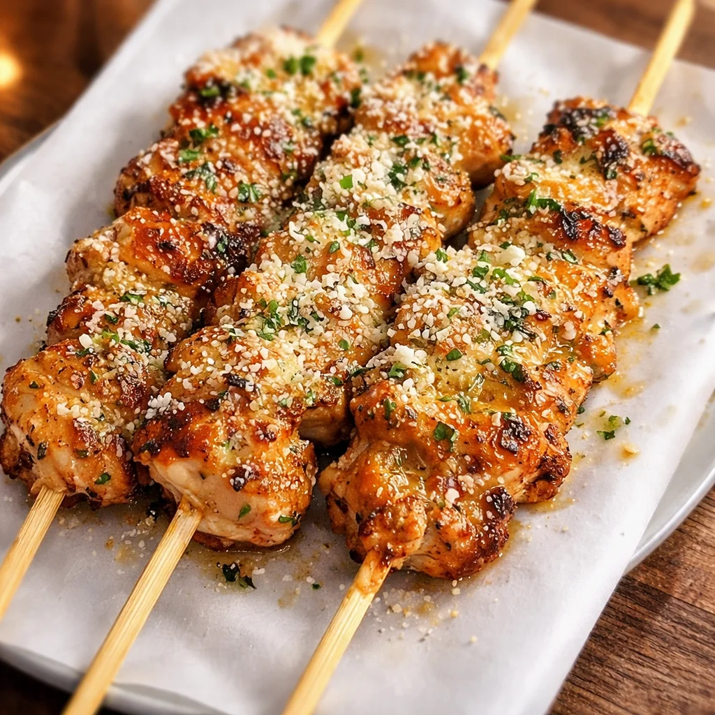 Delicious Grilled Ranch Garlic Parmesan Chicken Skewers served on a platter