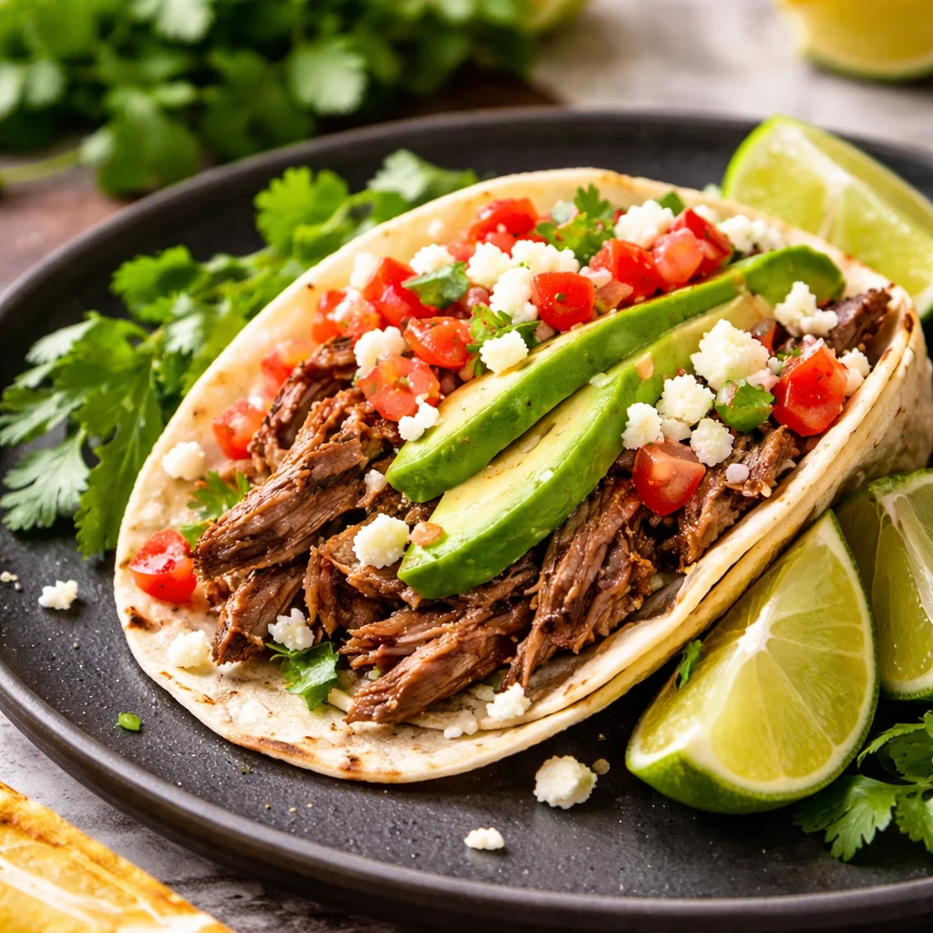 Deliciously smoked BBQ beef tacos topped with fresh slaw and pico de gallo.