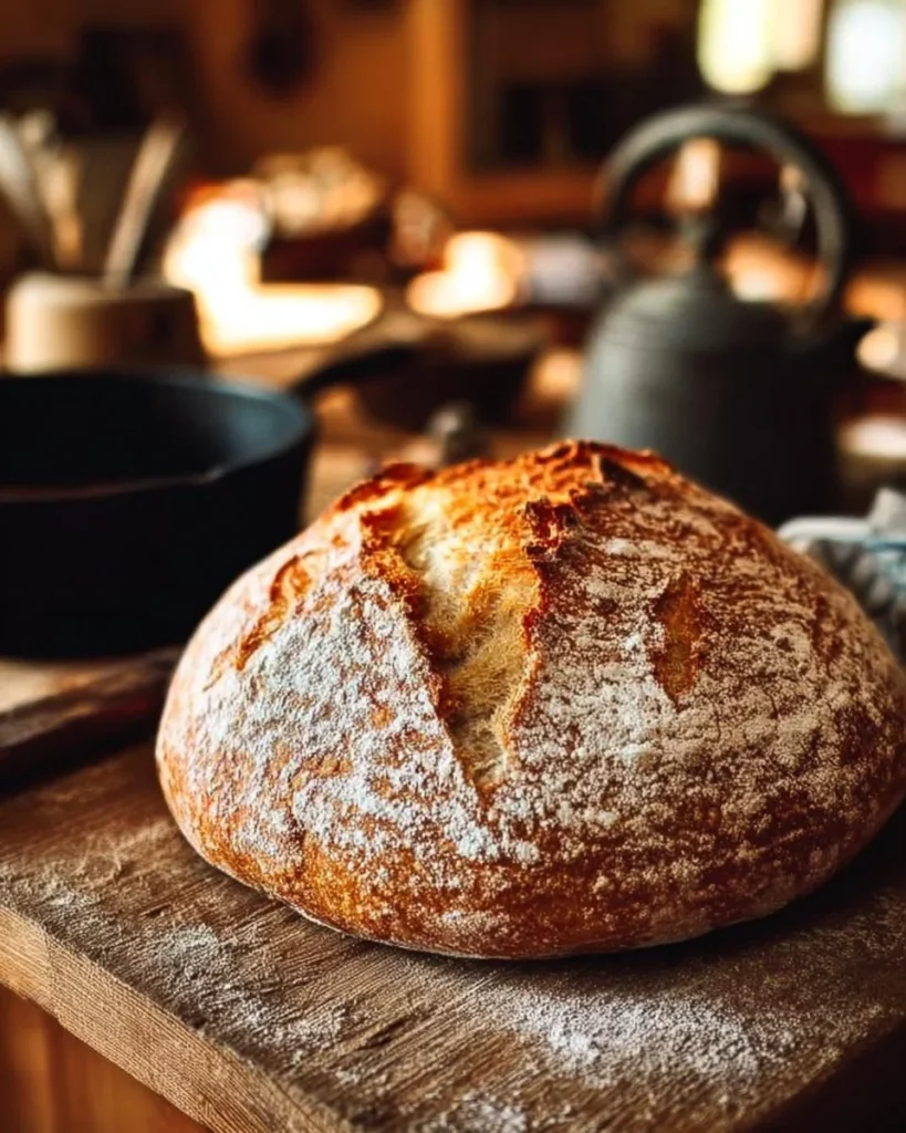 Freshly baked sourdough bread on a rustic wooden table