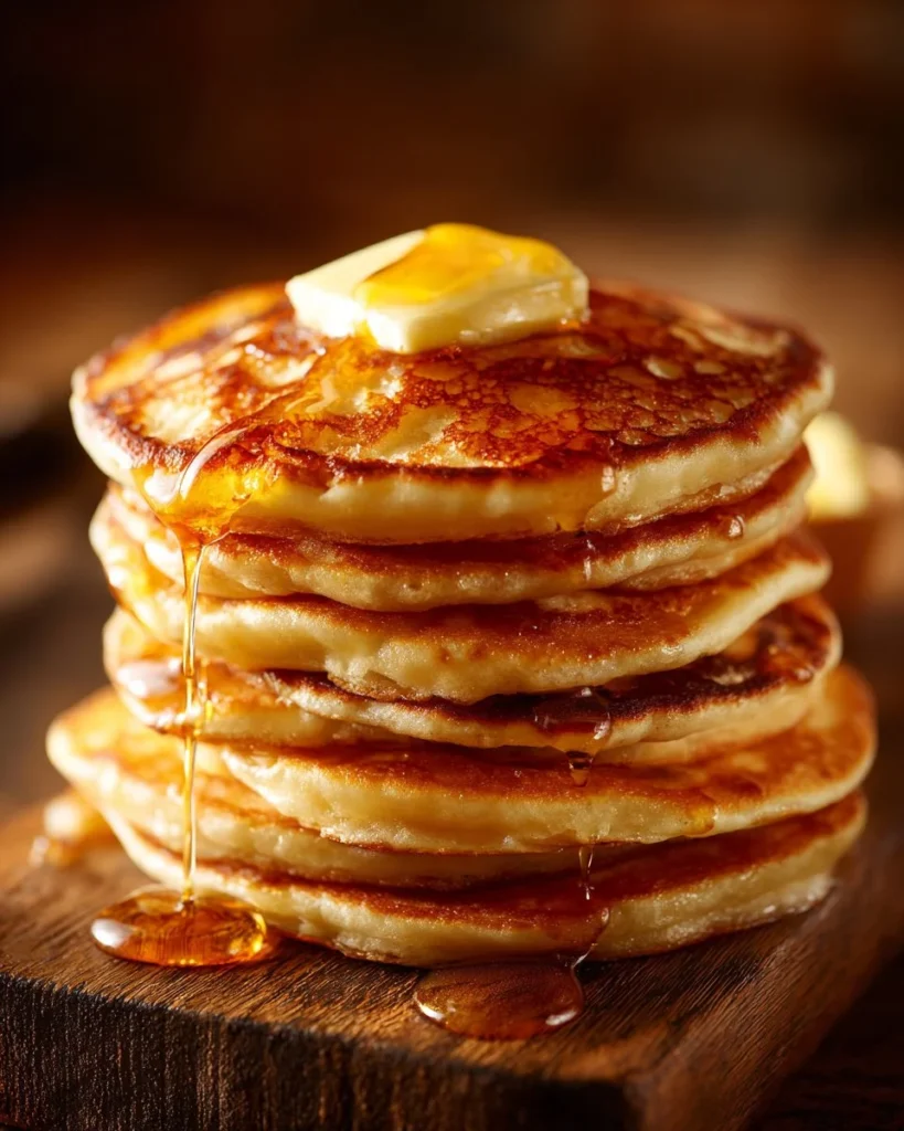 Fluffy sourdough pancakes served on a plate, topped with syrup and fruit.