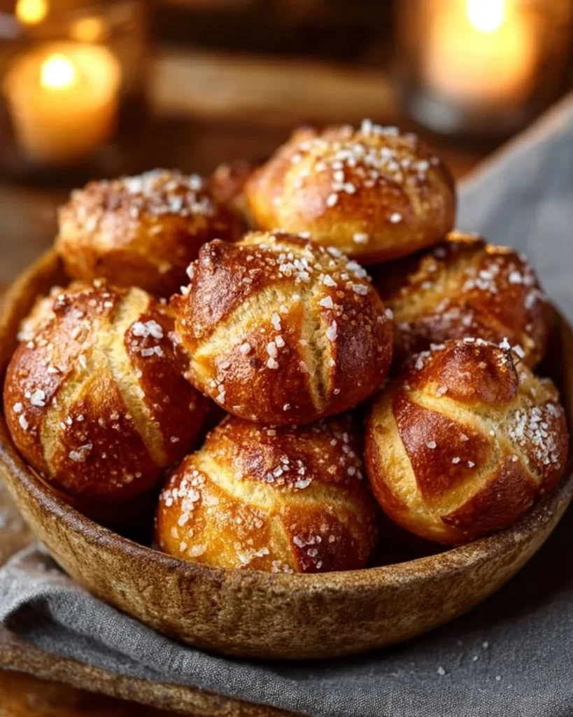 Freshly baked sourdough pretzel bites on a rustic wooden surface