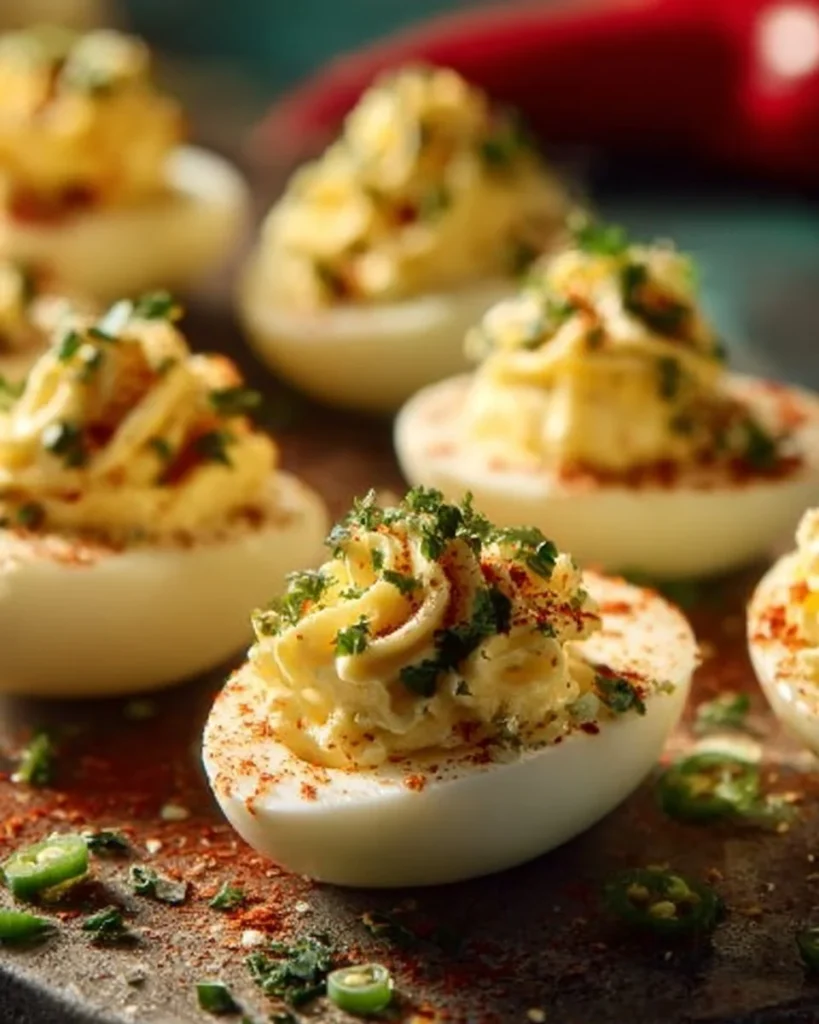 Spicy banana pepper deviled eggs served on a platter.
