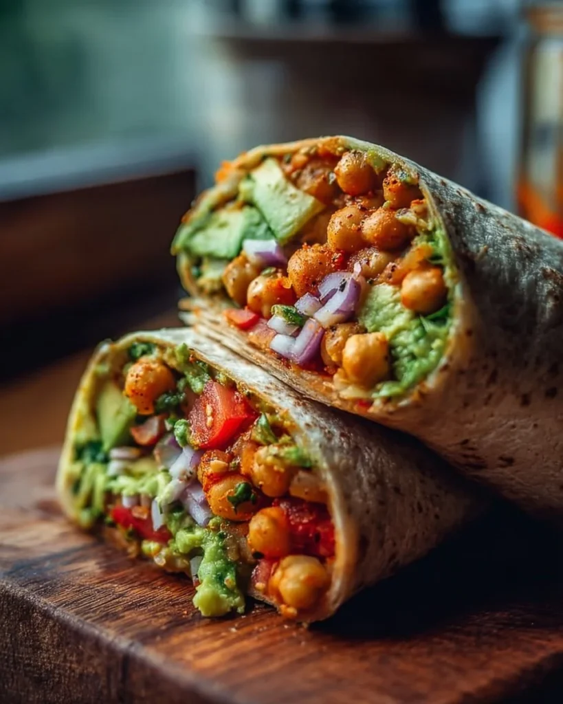 Spicy chickpea and avocado wraps served on a plate with fresh garnishes