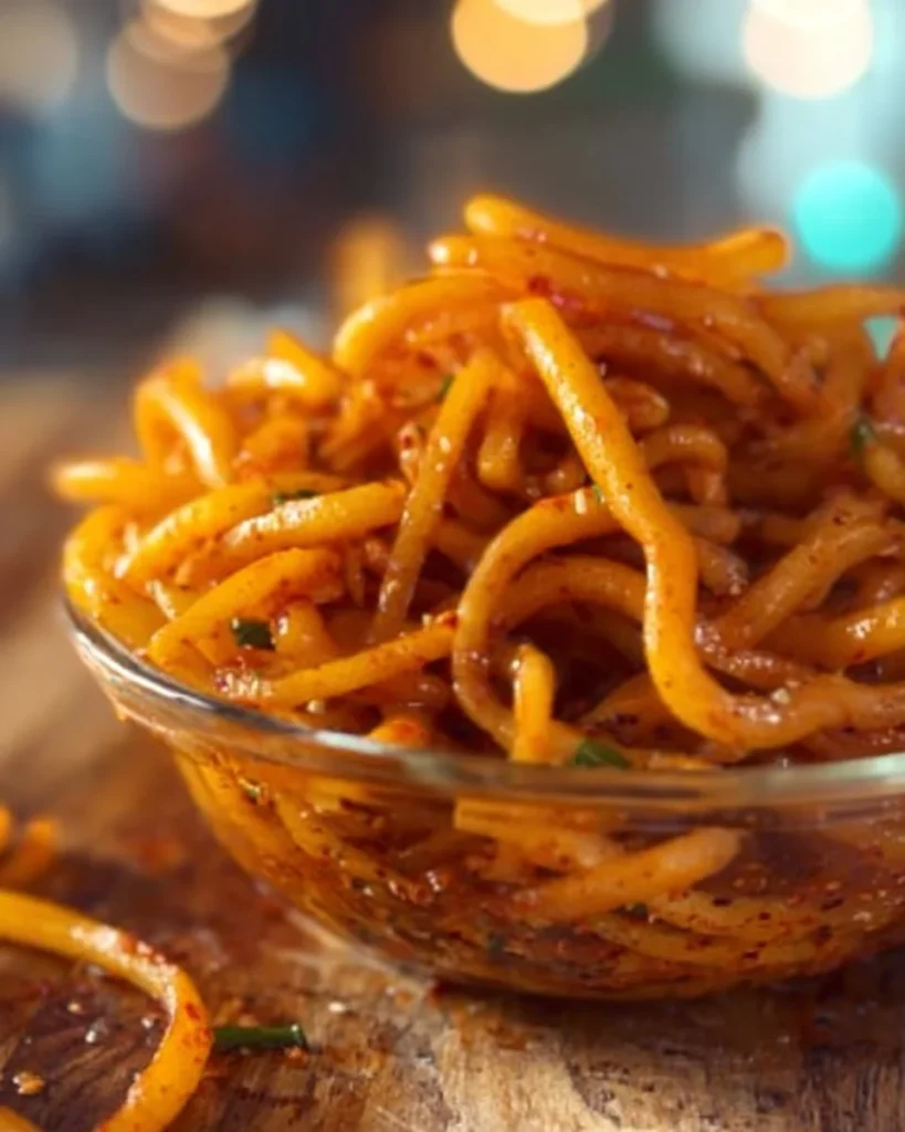 Plate of spicy potato noodles garnished with herbs and spices