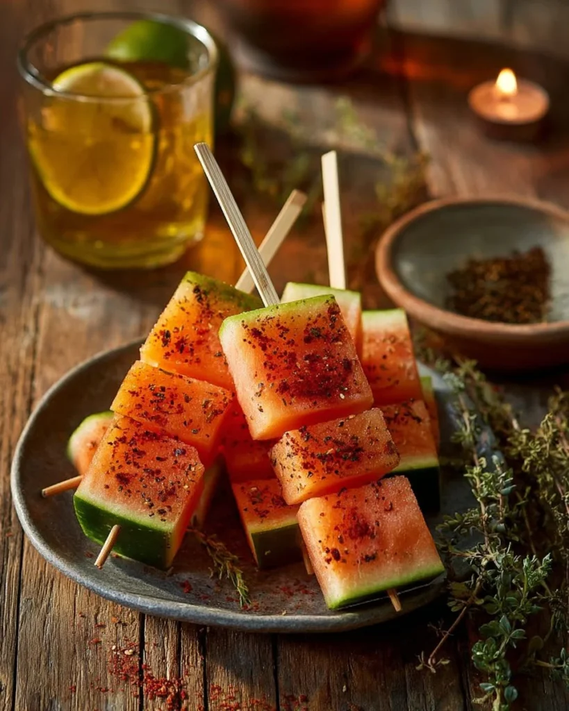 Spicy Tequila Melon Skewers with colorful fruit and tequila glaze