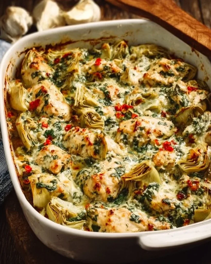 Creamy Spinach Artichoke Chicken Bake served on a plate