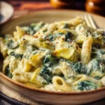 Creamy Spinach Artichoke Pasta served in a bowl with fresh herbs