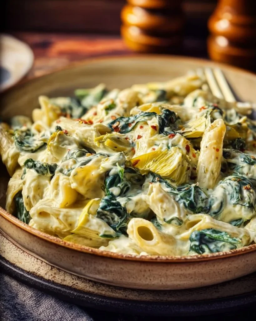 Creamy Spinach Artichoke Pasta served in a bowl with fresh herbs