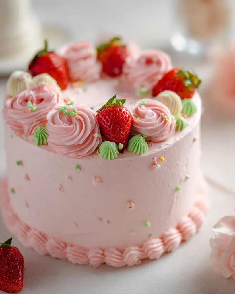 Delicious homemade strawberry cake with fresh strawberries and cream frosting