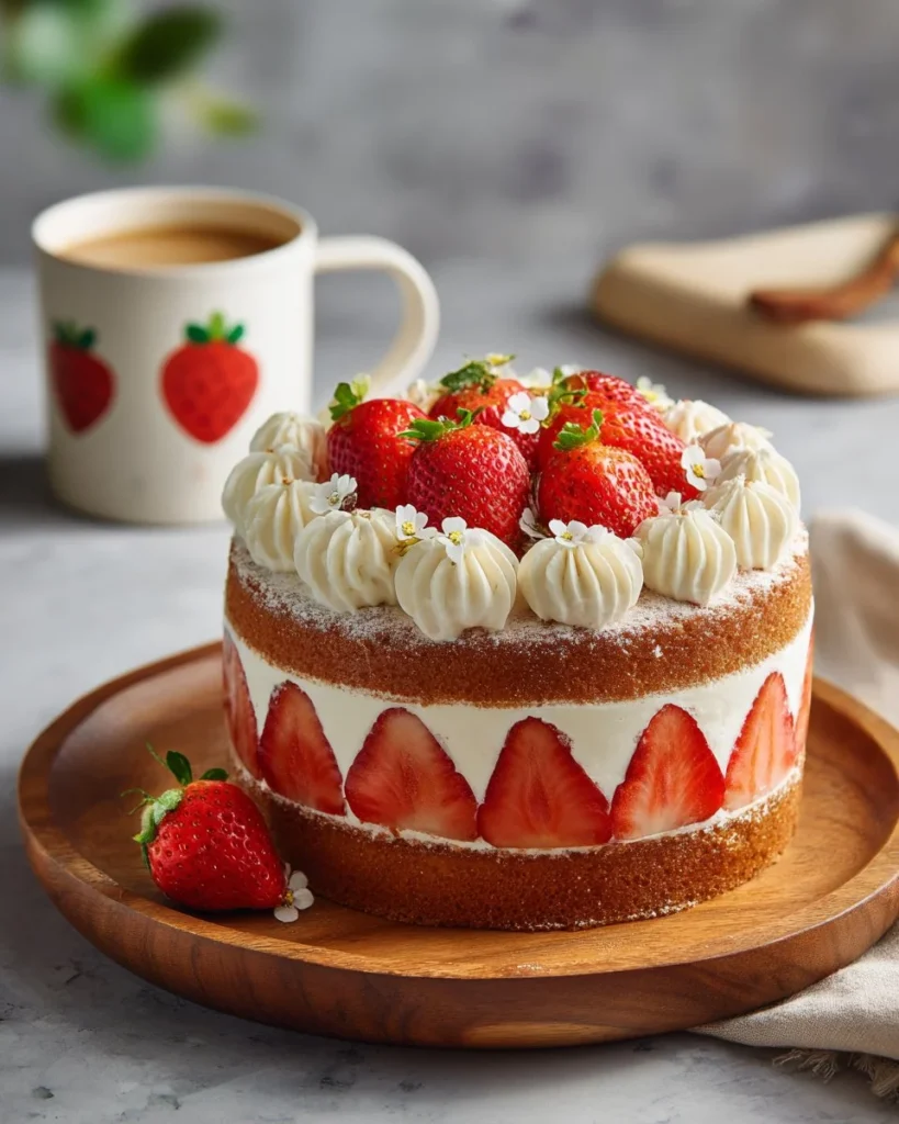 Delicious Strawberry Shortcake Cake with fresh strawberries and whipped cream