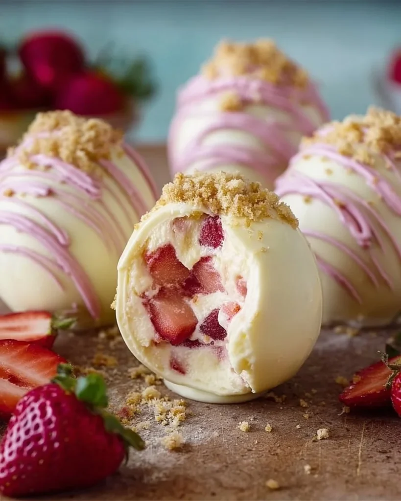 Strawberry Shortcake Easter Egg Bombs decorated with fresh strawberries