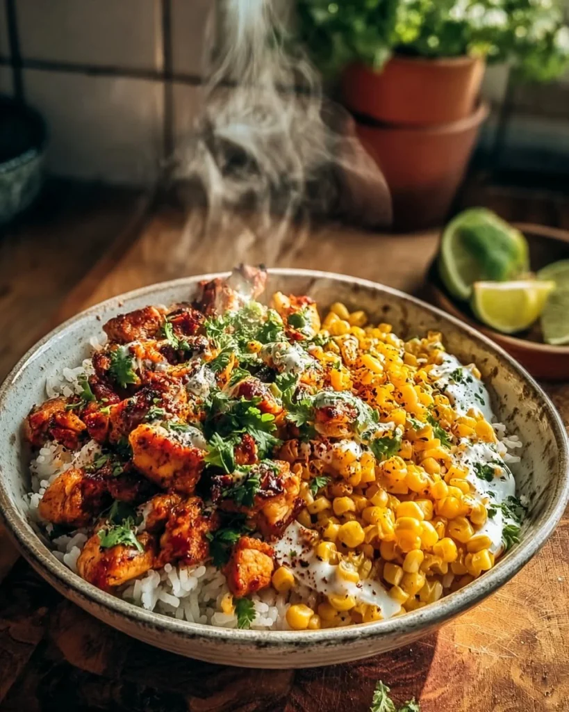 Delicious Street Corn Chicken Rice Bowl with chicken, rice, and corn topping