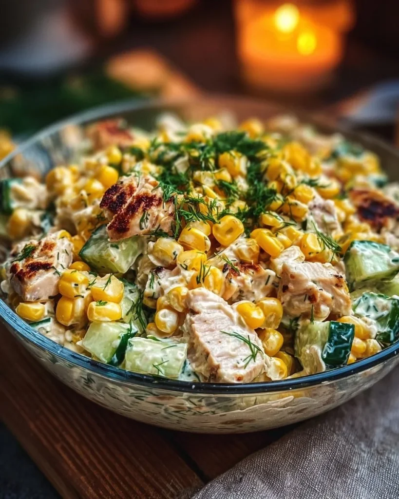 Street Corn Creamy Cucumber Chicken Salad with fresh ingredients