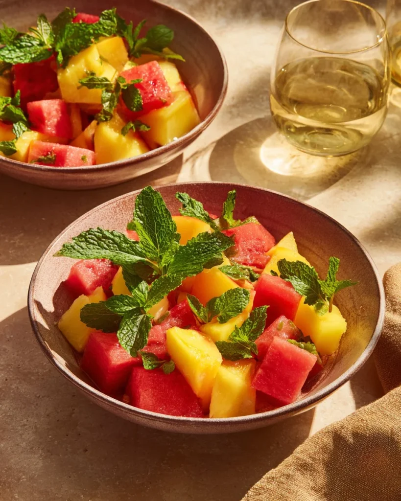 Delicious summer Peach Watermelon Salad with fresh fruits and vibrant colors
