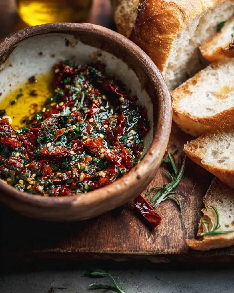 Sun-dried Tomato Olive Oil Bread Dip served with crusty bread