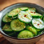 A bowl of Sunomono, traditional Japanese cucumber salad garnished with sesame seeds.