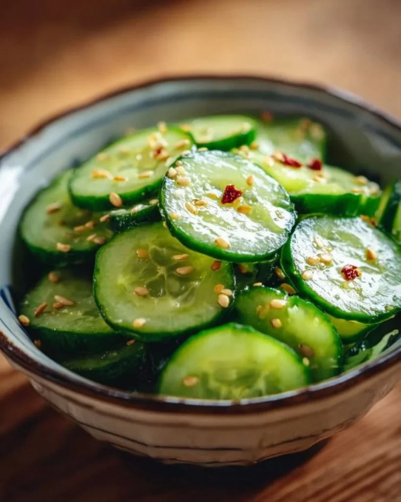 A bowl of Sunomono, traditional Japanese cucumber salad garnished with sesame seeds.